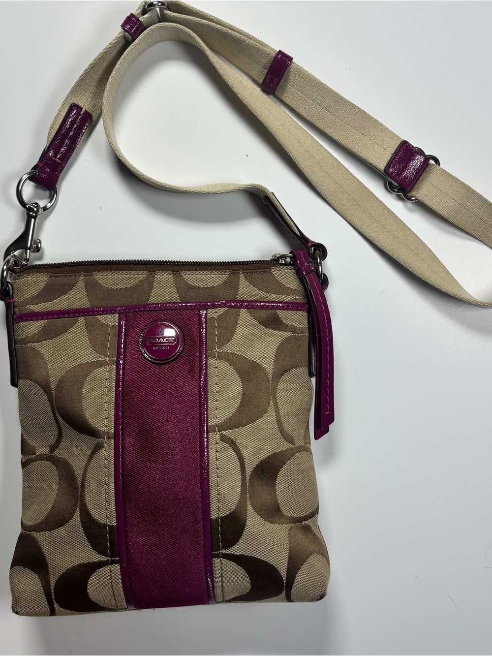 Coach Tan Signature Crossbody with Berry Trim